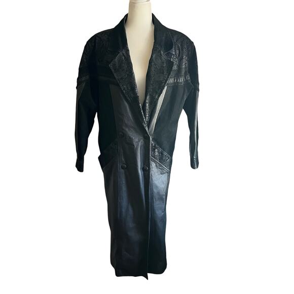 Vintage 80s/90s Wilsons Leather Maxi Trench Coat Embossed Paisley Braid Trim - Picture 3 of 17